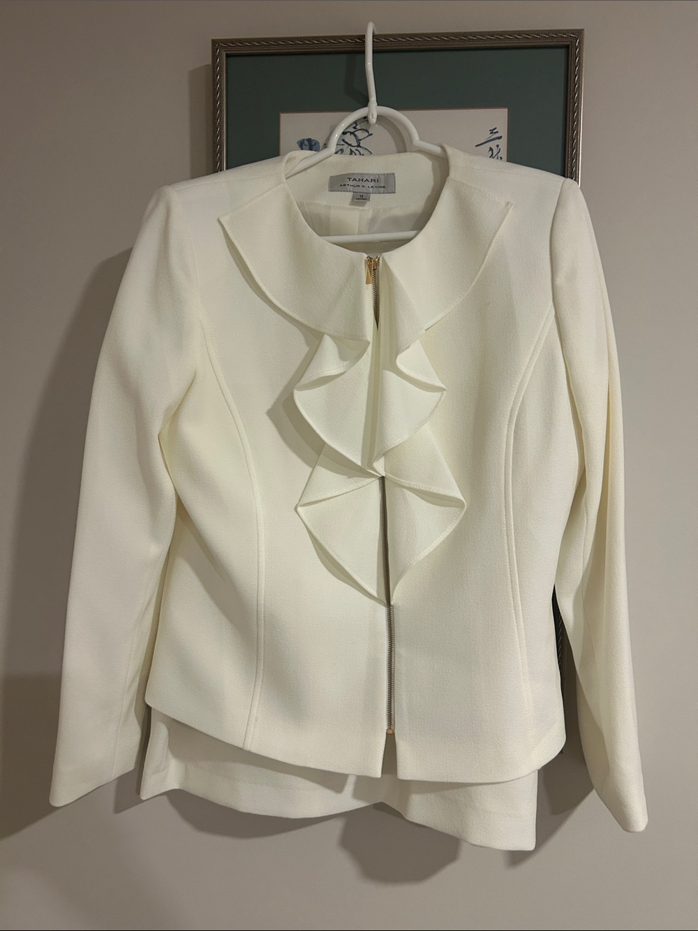 Tahari ASL Ivory Ruffle Front Zip Blazer
